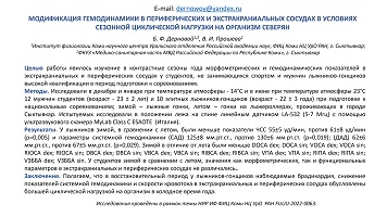МОДИФИКАЦИЯ ГЕМОДИНАМИКИ В ПЕРИФЕРИЧЕСКИХ И ЭКСТРАКРАНИАЛЬНЫХ СОСУДАХ В УСЛОВИЯХ 
СЕЗОННОЙ ЦИКЛИЧЕСКОЙ НАГРУЗКИ НА ОРГАНИЗМ СЕВЕРЯН